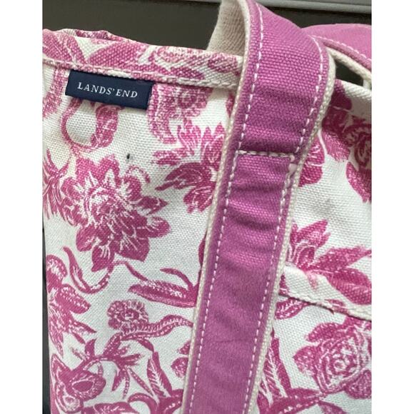 Lands End Canvas Tote Bag Boat Floral Toile Medium 16" Beach Travel Pink Pockets - Picture 14 of 16